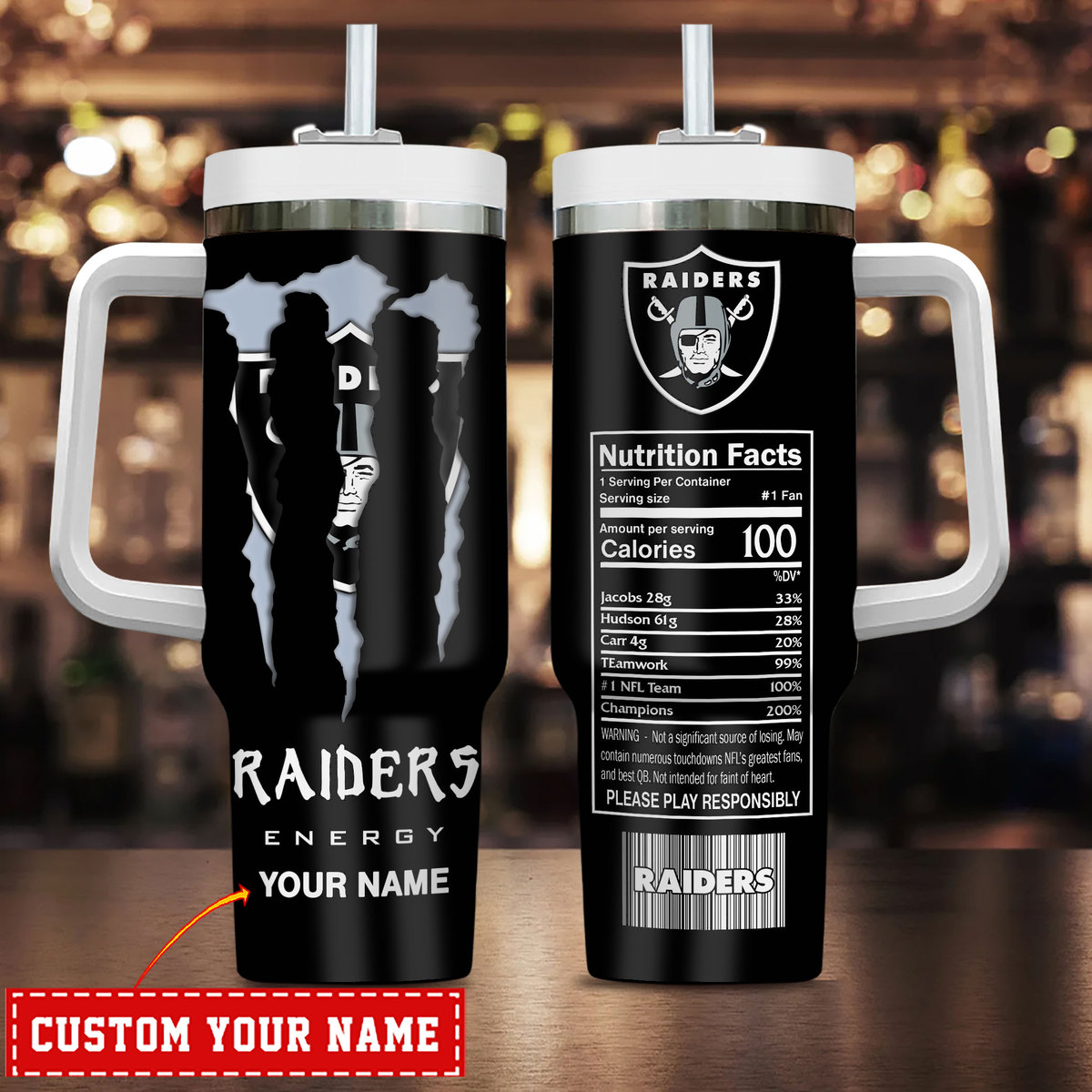 Custom Name Raiders Energy Drink Tumbler - Personalized Fan Gift