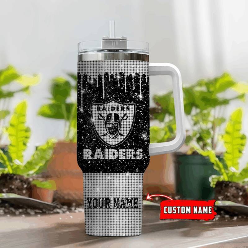 Las Vegas Raiders NFL Glitter Custom Stanley Quencher 40oz Stainless Steel Tumbler With Handle - Threewoofs - Image 2