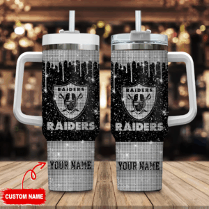 Las Vegas Raiders NFL Glitter Custom Stanley Quencher 40oz Stainless Steel Tumbler With Handle - Threewoofs