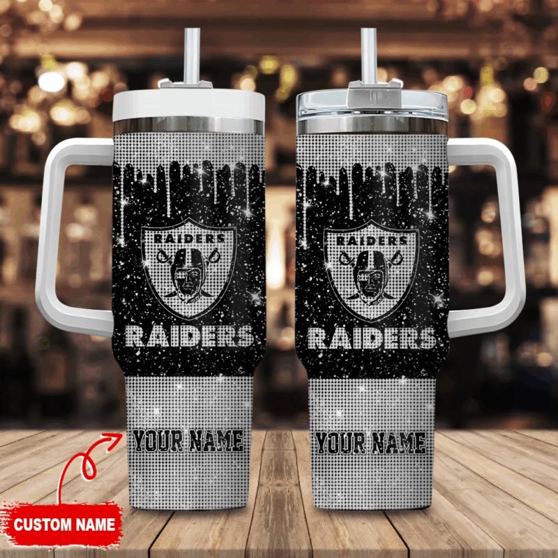 Las Vegas Raiders NFL Glitter Custom Stanley Quencher 40oz Stainless Steel Tumbler With Handle - Threewoofs