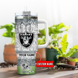 Custom Las Vegas Raiders Glitter Tumbler - Personalized NFL Mug with Handle