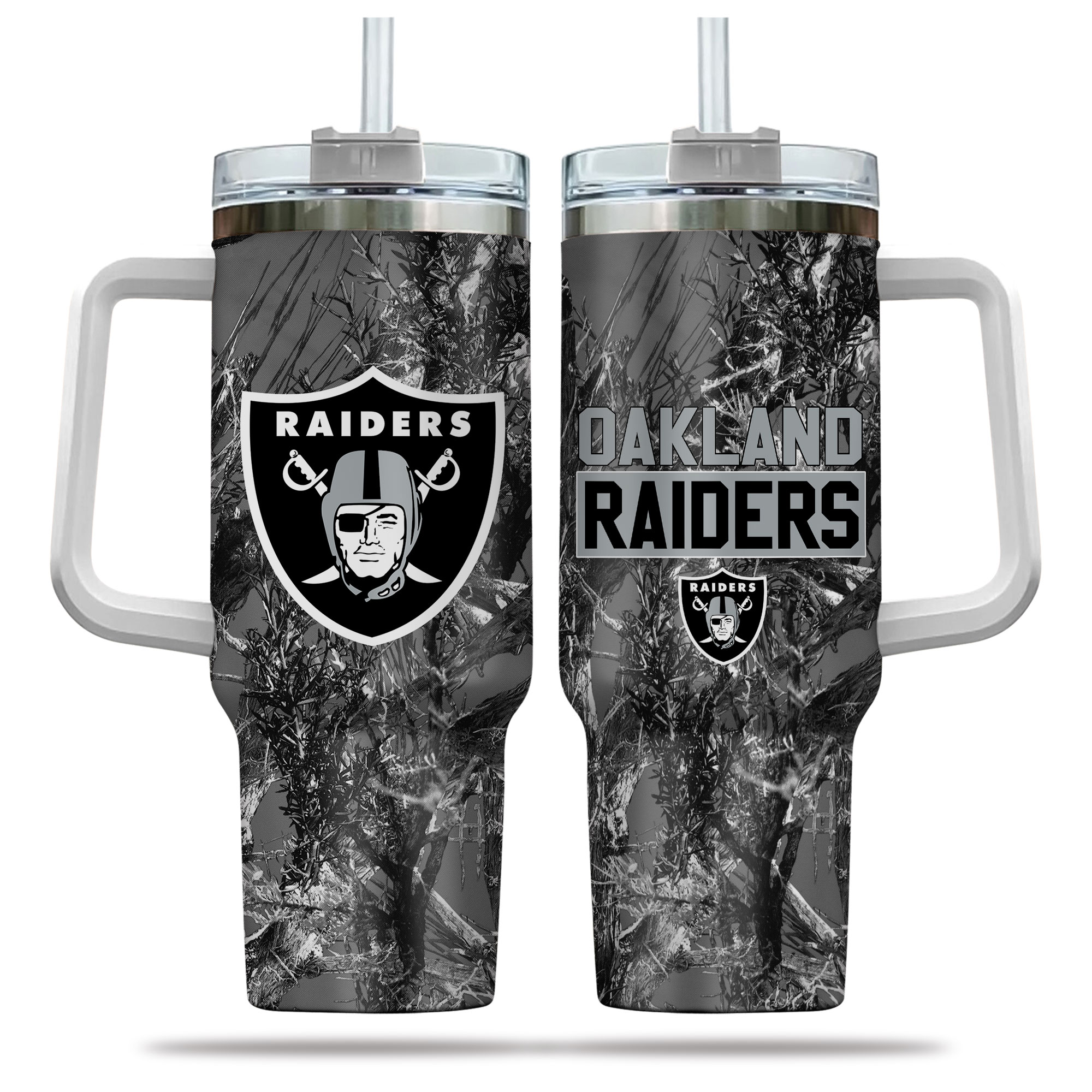 Oakland Raiders Camouflage Insulated Tumbler with Straw & Handle