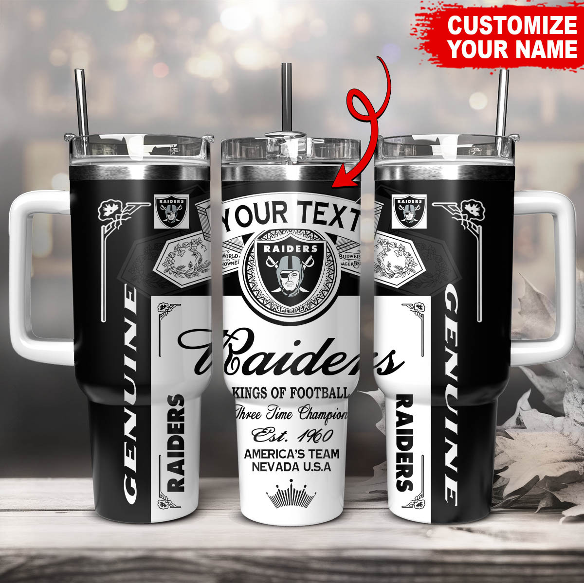 Customizable Raiders Tumbler - Personalized Insulated Travel Mug for Ultimate Fans