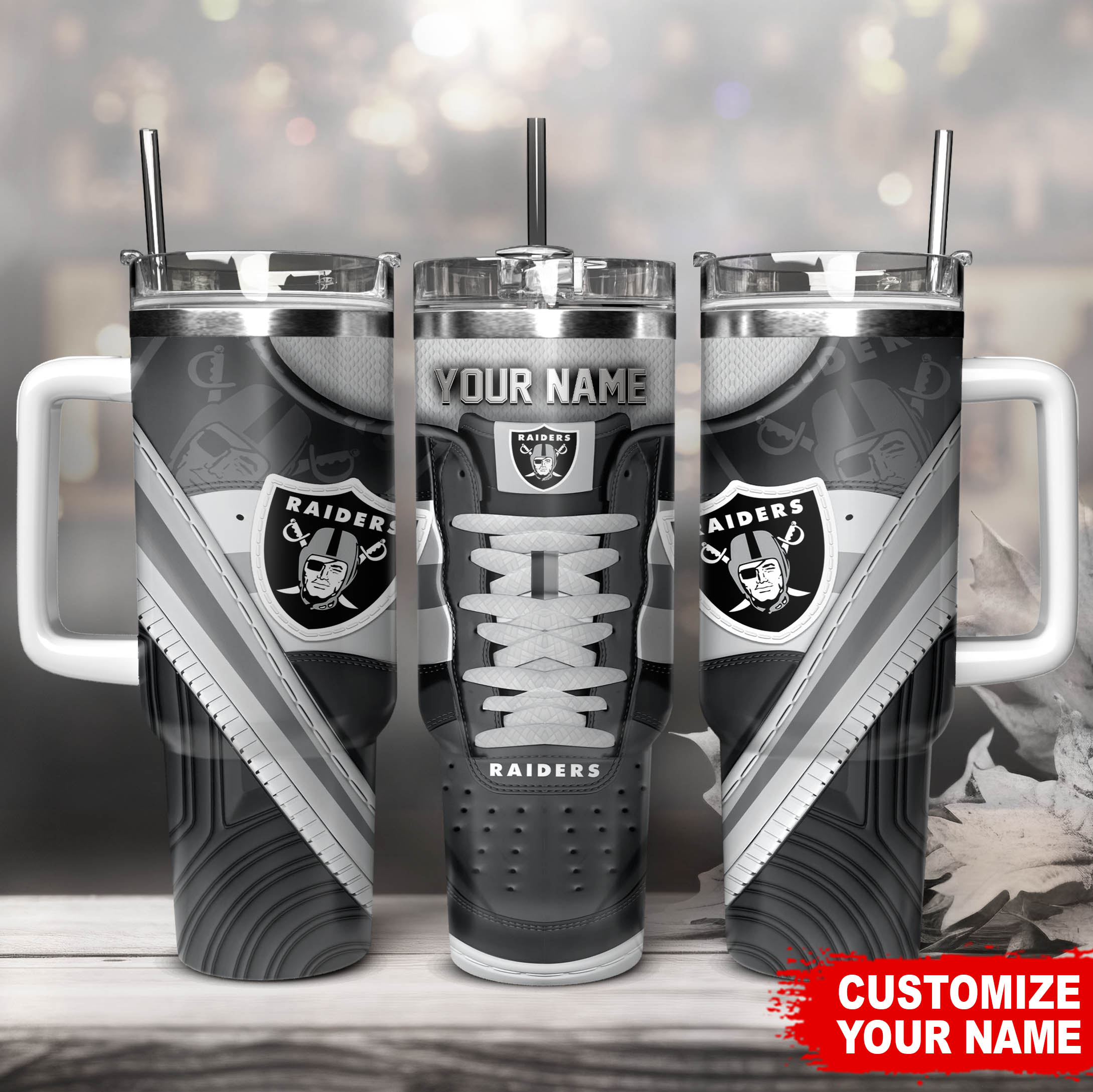 Customizable Raiders Tumbler with Handle - Personalize with Your Name