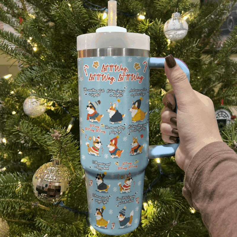 Let It Wag Corgi Love Christmas Custom Stanley Quencher 40oz Stainless Steel Tumbler With Handle - Threewoofs - Image 2