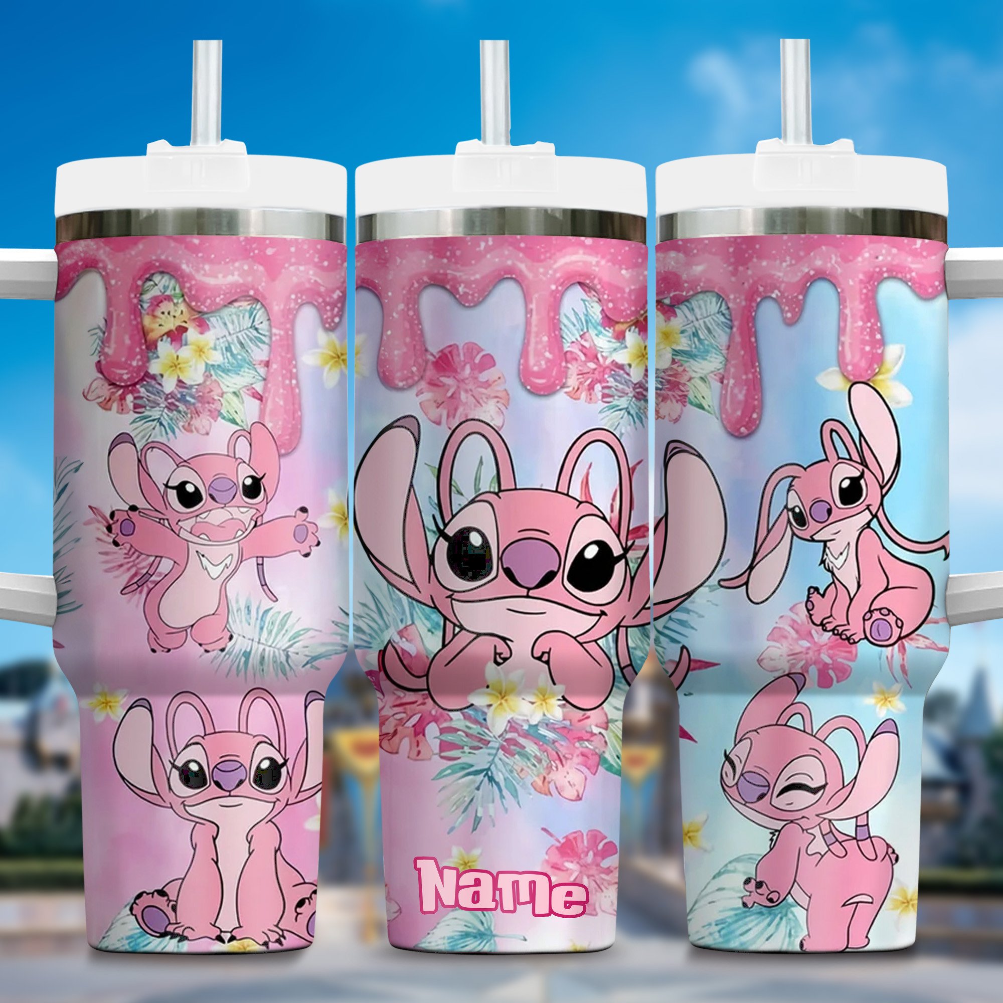 Cute Pink Alien Tumbler with Straw - Personalized Floral Design