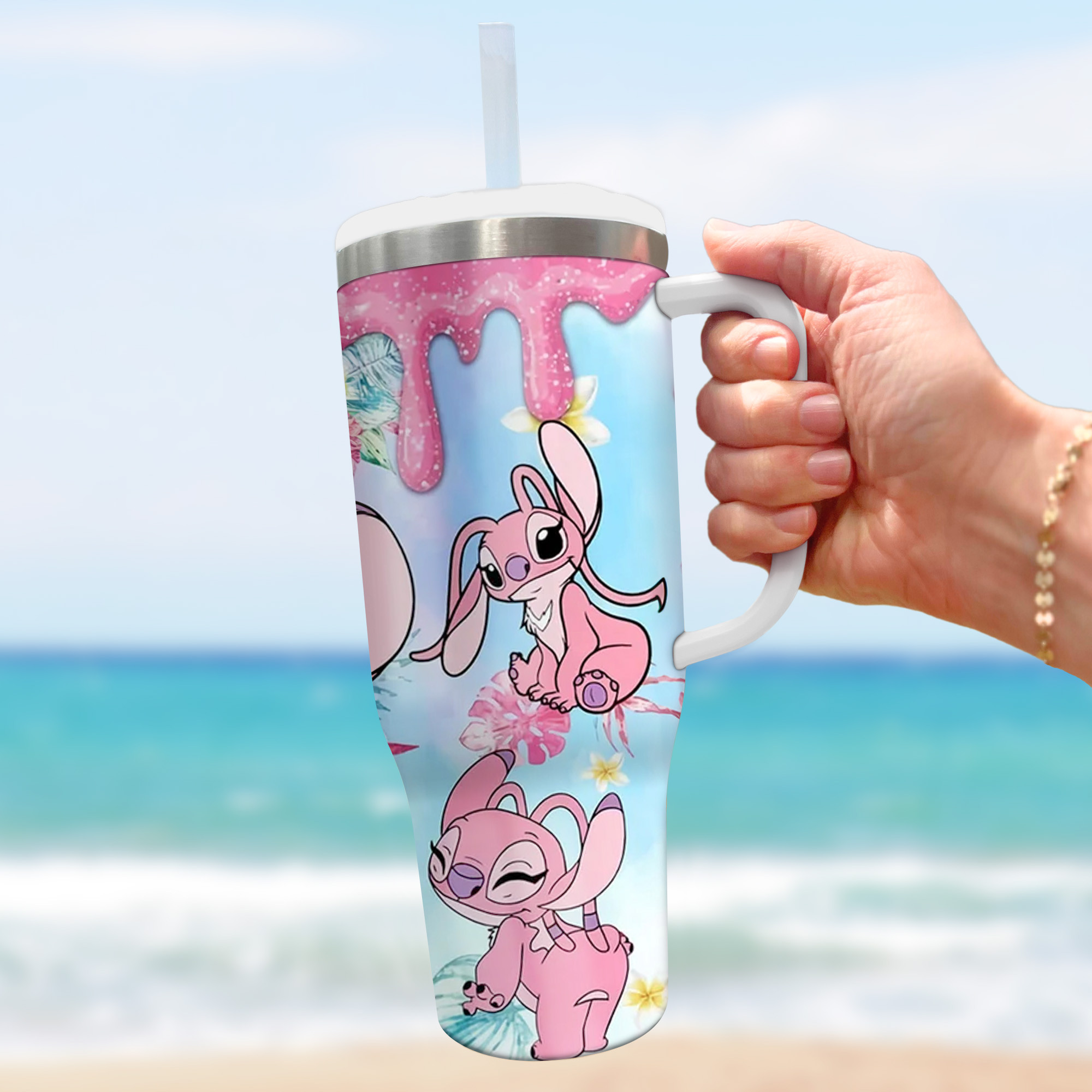 Cute Pink Alien Tumbler with Straw - Personalized Floral Design - Image 5