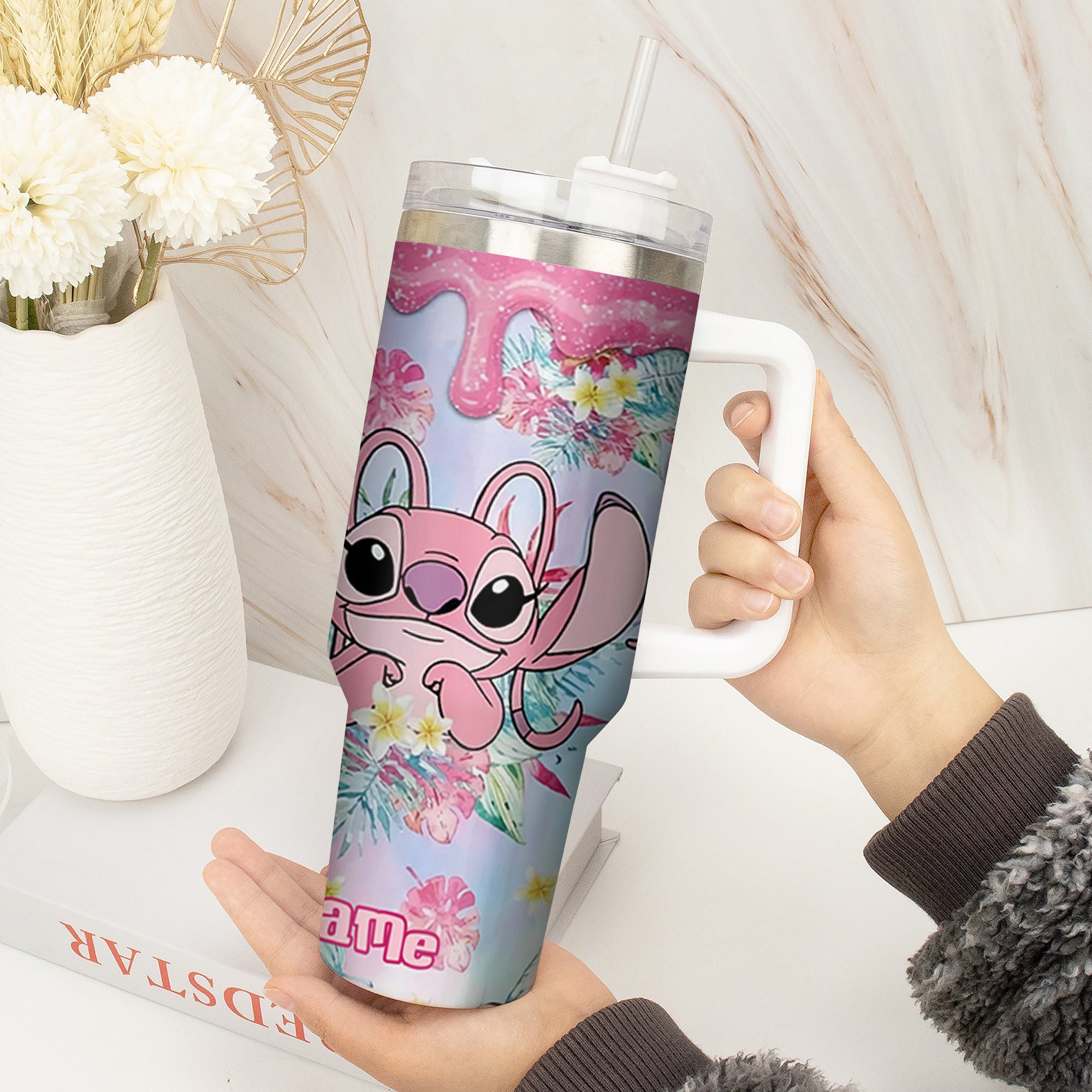 Cute Pink Alien Tumbler with Straw - Personalized Floral Design - Image 2