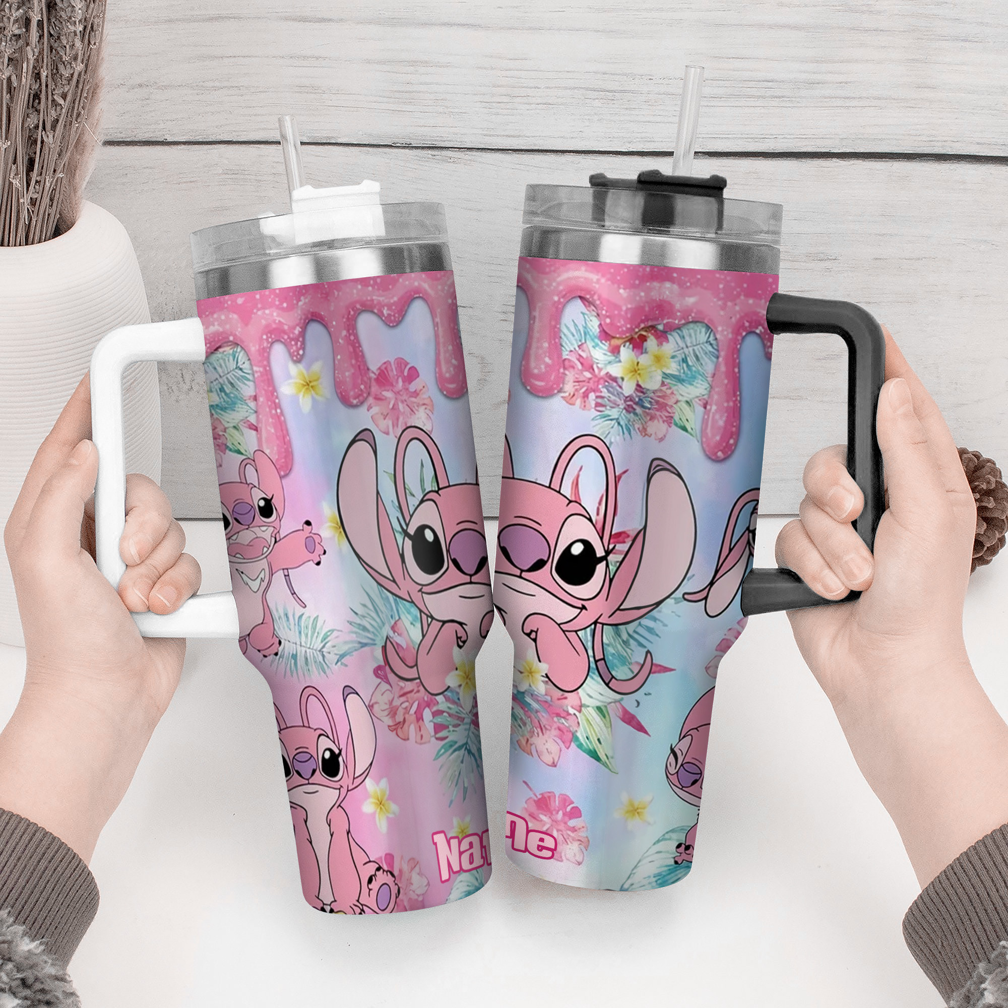 Cute Pink Alien Tumbler with Straw - Personalized Floral Design - Image 4