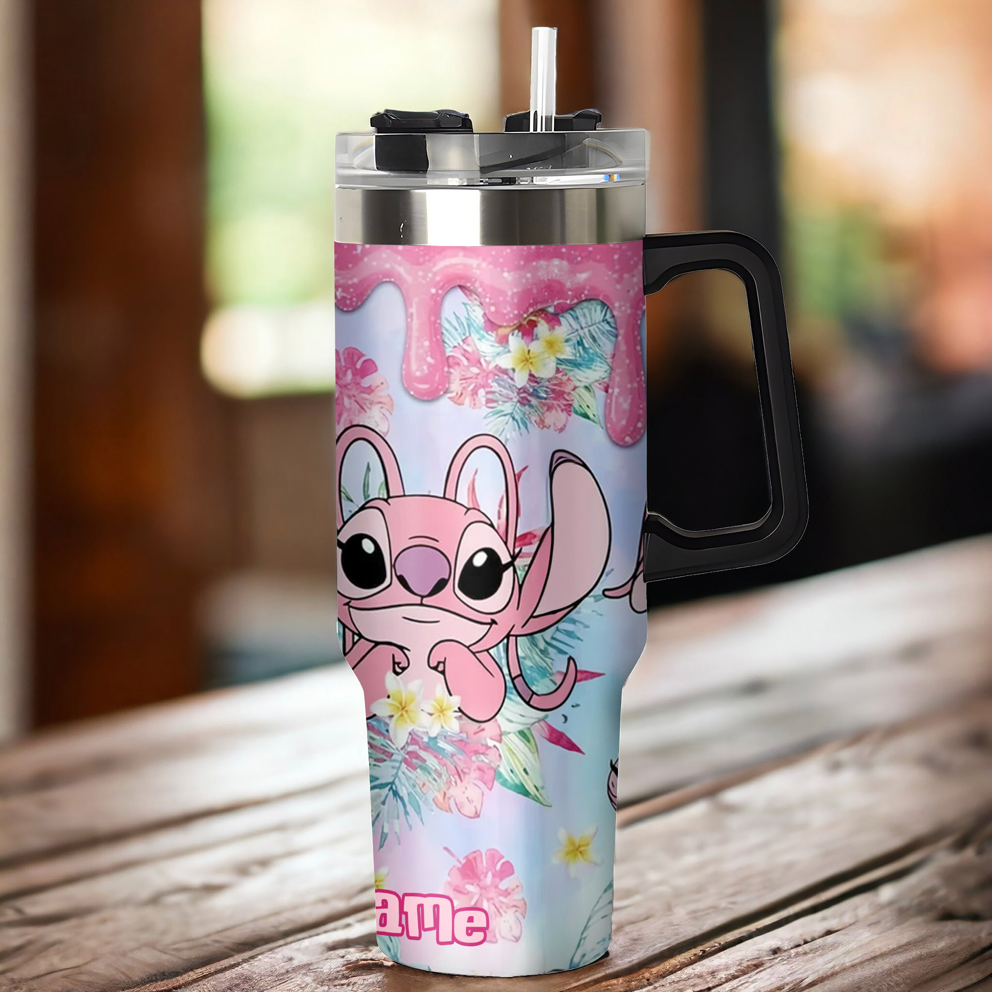 Cute Pink Alien Tumbler with Straw - Personalized Floral Design - Image 3