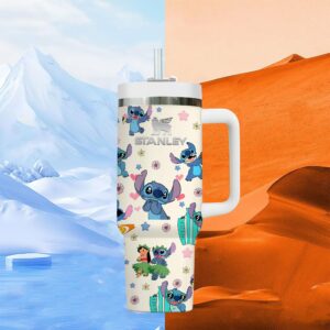 Lilo And Stitch Cartoon Custom Stanley Quencher 40oz Stainless Steel Tumbler With Handle - Threewoofs