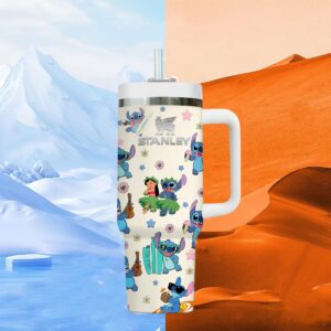 Lilo And Stitch Cartoon Custom Stanley Quencher 40oz Stainless Steel Tumbler With Handle - Threewoofs