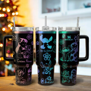 Lilo And Stitch Cartoon Custom Stanley Quencher 40oz Stainless Steel Tumbler With Handle - Threewoofs
