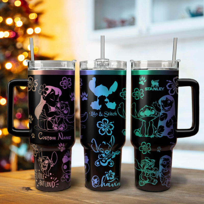 Lilo And Stitch Cartoon Custom Stanley Quencher 40oz Stainless Steel Tumbler With Handle - Threewoofs