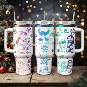 Lilo And Stitch Cartoon Custom Stanley Quencher 40oz Stainless Steel Tumbler With Handle - Threewoofs