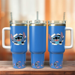 Cute Cartoon Character Blue Insulated Tumbler with Handle and Straw - 40oz