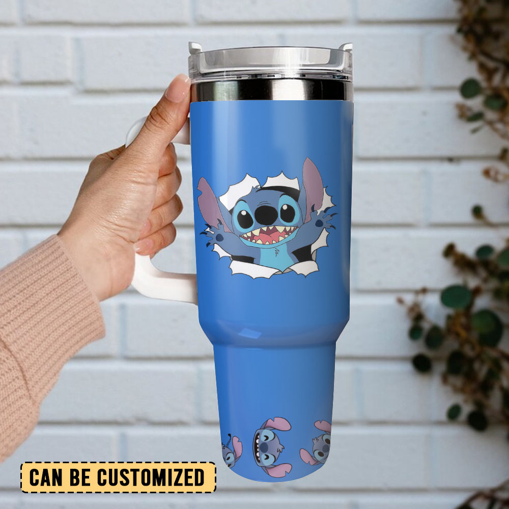 Cute Cartoon Character Blue Insulated Tumbler with Handle and Straw - 40oz - Image 3