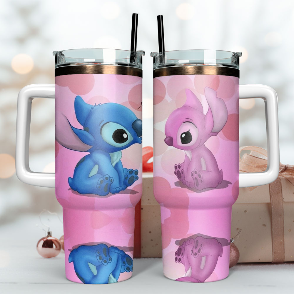 Cute Character Double-Walled Travel Mug with Handle & Straw - Pink & Blue Design - Image 2