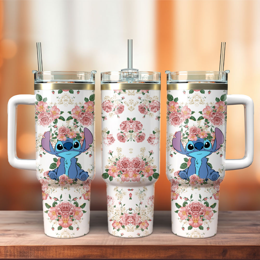 Floral Character Tumbler with Handle - Insulated Stainless Steel Mug for Hot & Cold Drinks