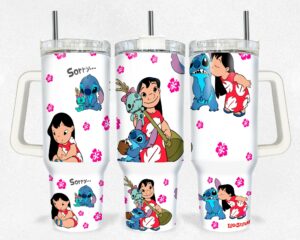 Cute Lilo & Stitch Insulated Tumbler with Handle - Fun Floral Design
