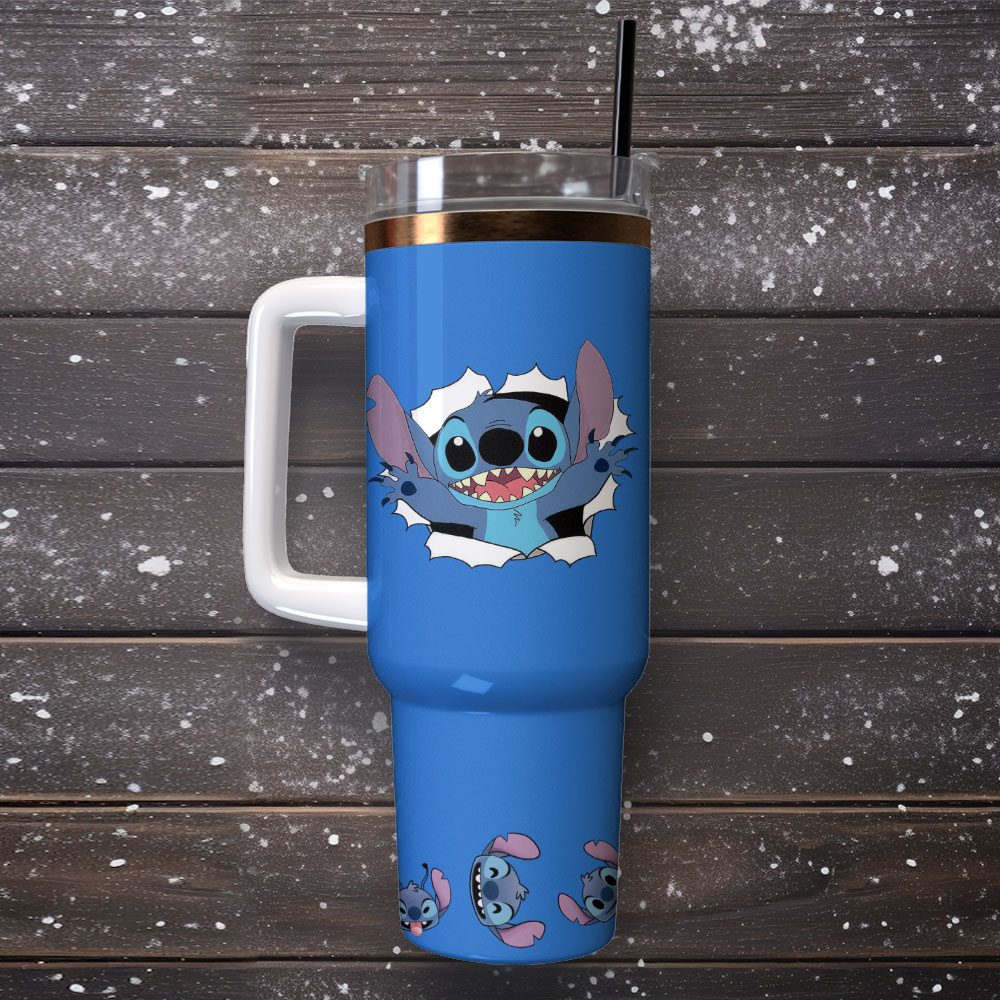 Cute Cartoon Character Blue Insulated Tumbler with Handle and Straw - 40oz - Image 4