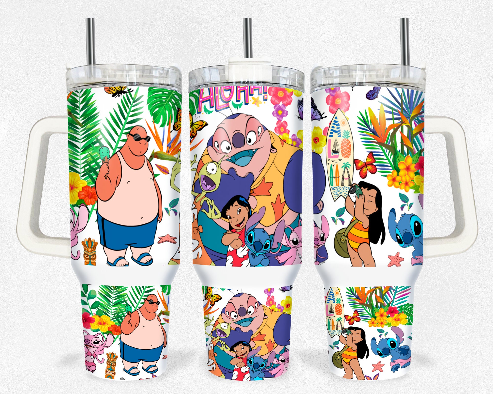 Vibrant Tropical Cartoon Tumbler with Handle & Straw - Perfect for Summer Sips