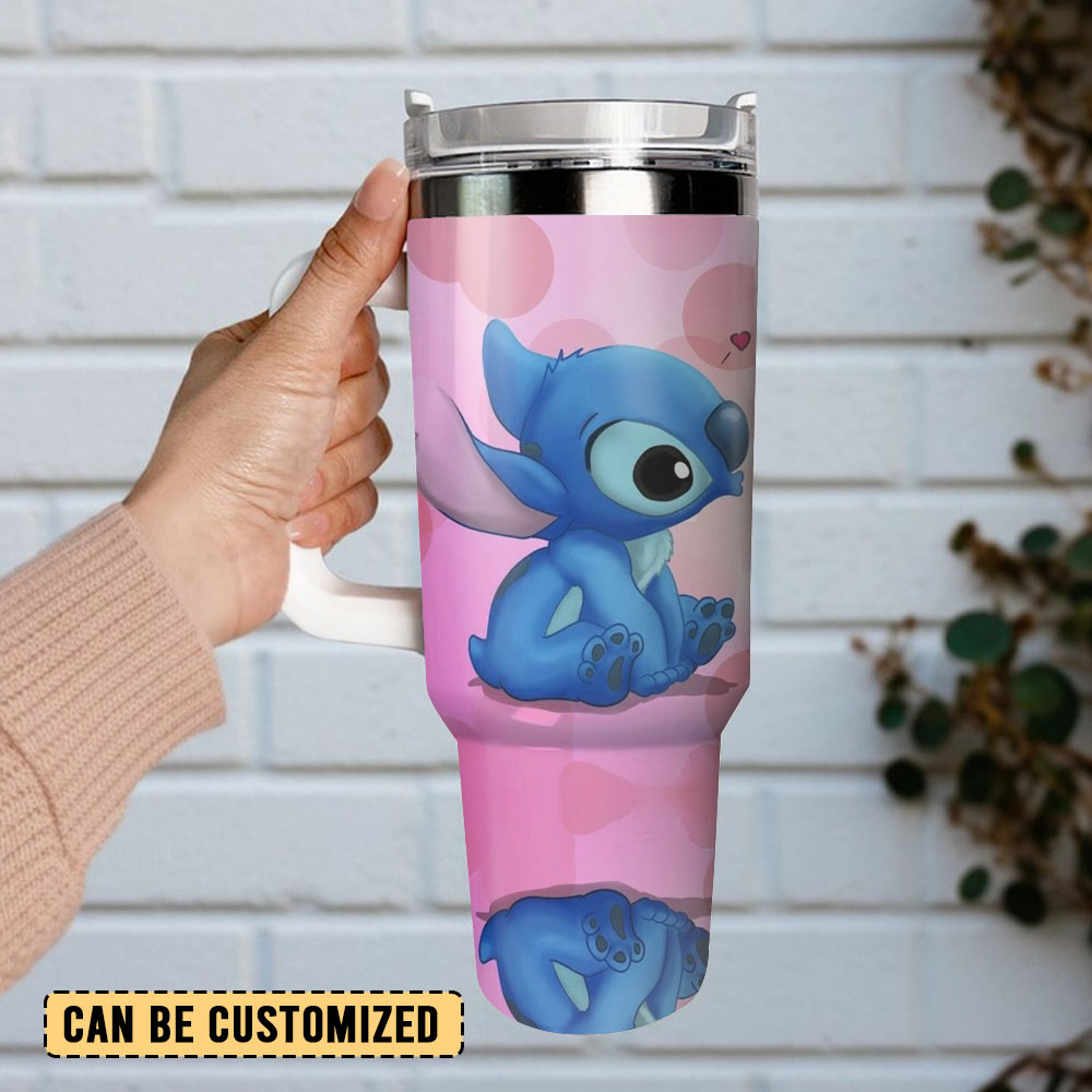 Cute Character Double-Walled Travel Mug with Handle & Straw - Pink & Blue Design - Image 3
