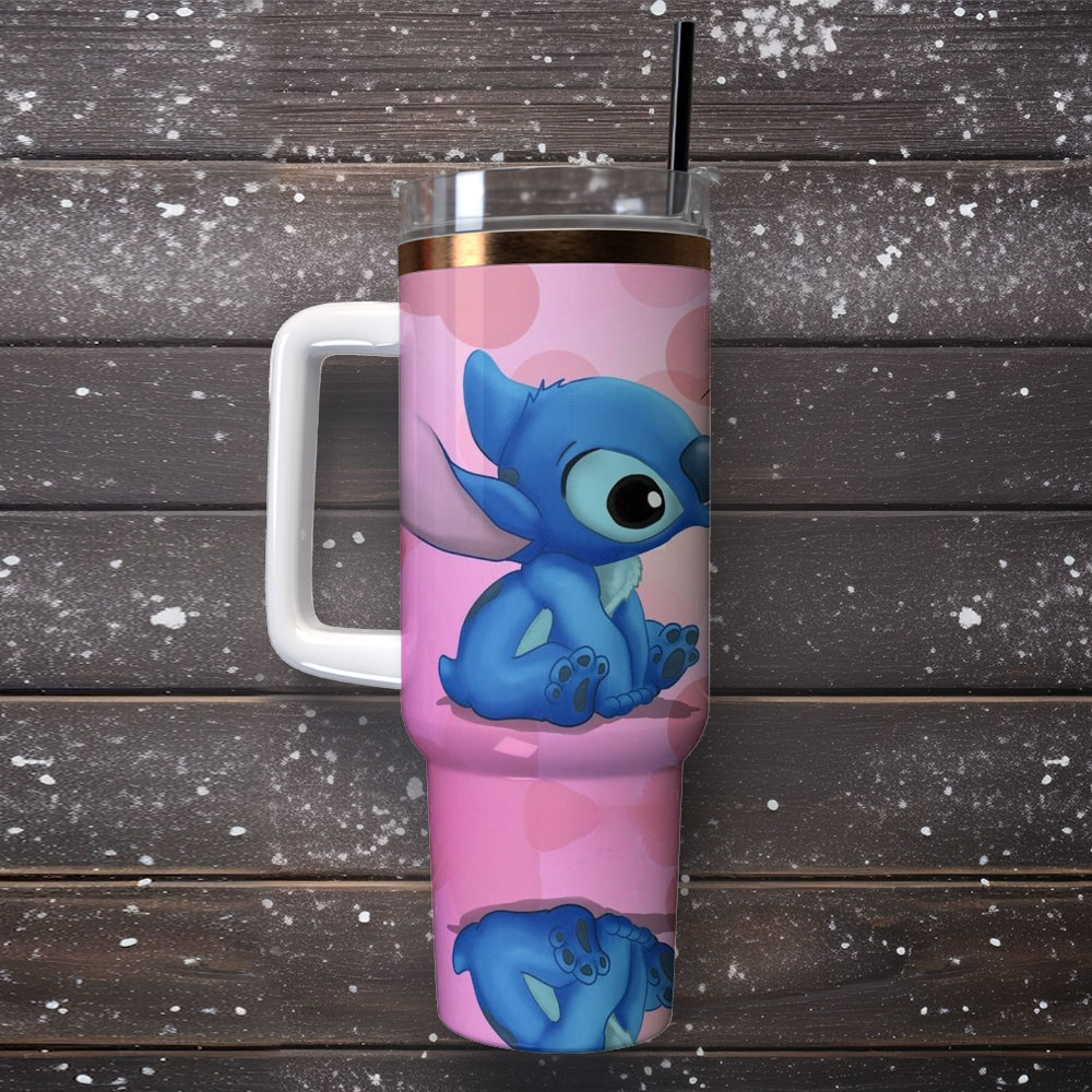 Cute Character Double-Walled Travel Mug with Handle & Straw - Pink & Blue Design - Image 4