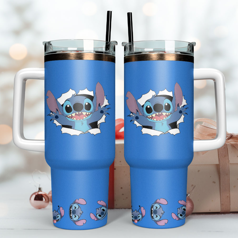 Cute Cartoon Character Blue Insulated Tumbler with Handle and Straw - 40oz - Image 2