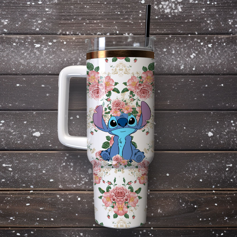 Floral Character Tumbler with Handle - Insulated Stainless Steel Mug for Hot & Cold Drinks - Image 4