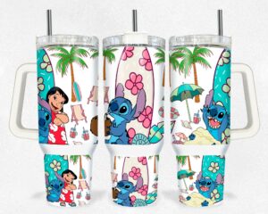 Tropical Cartoon-Themed Stainless Steel Tumbler with Straw - 40oz
