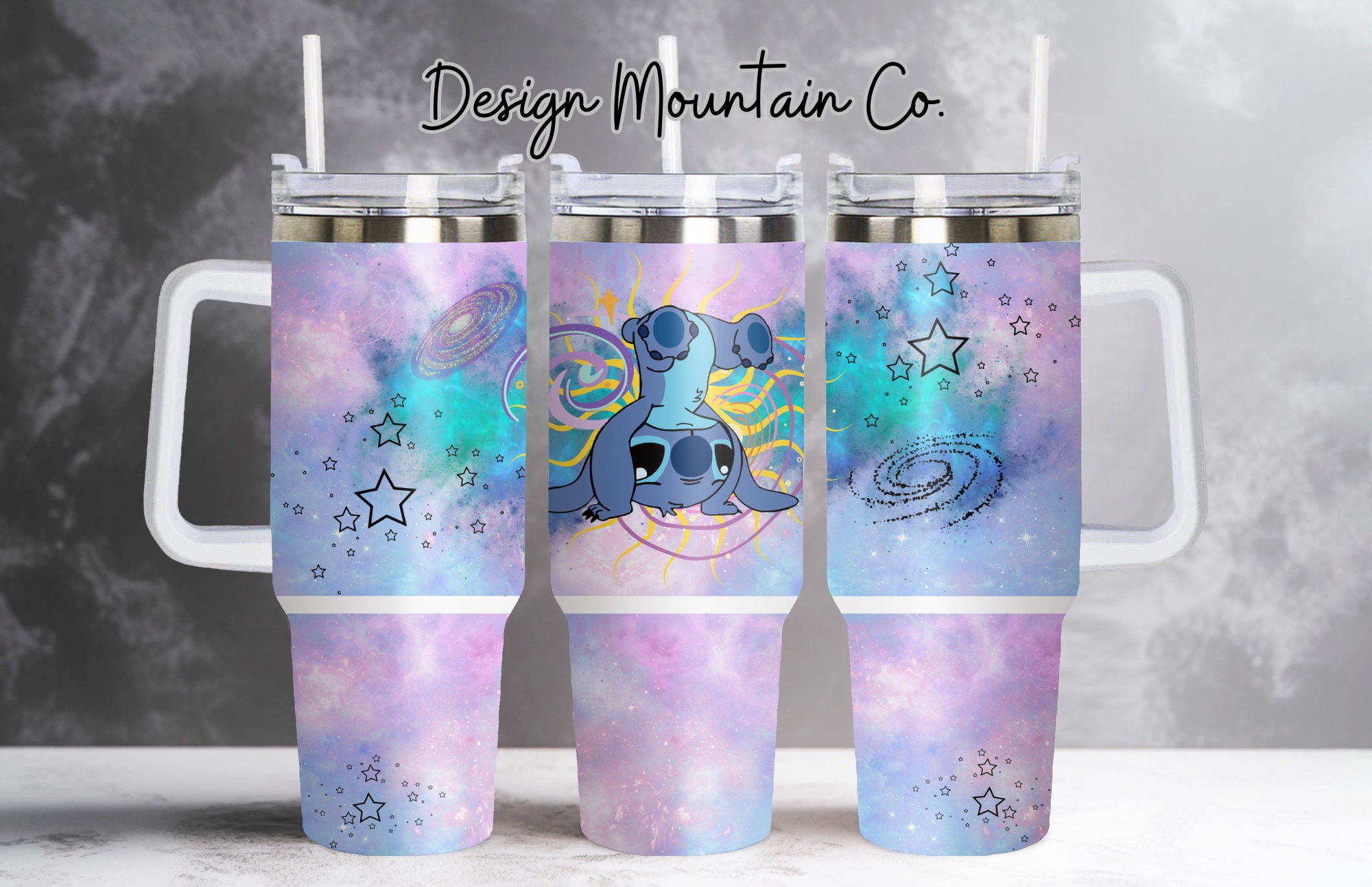 Galaxy Design Tumbler with Handle – Cosmic Art & Straw Included