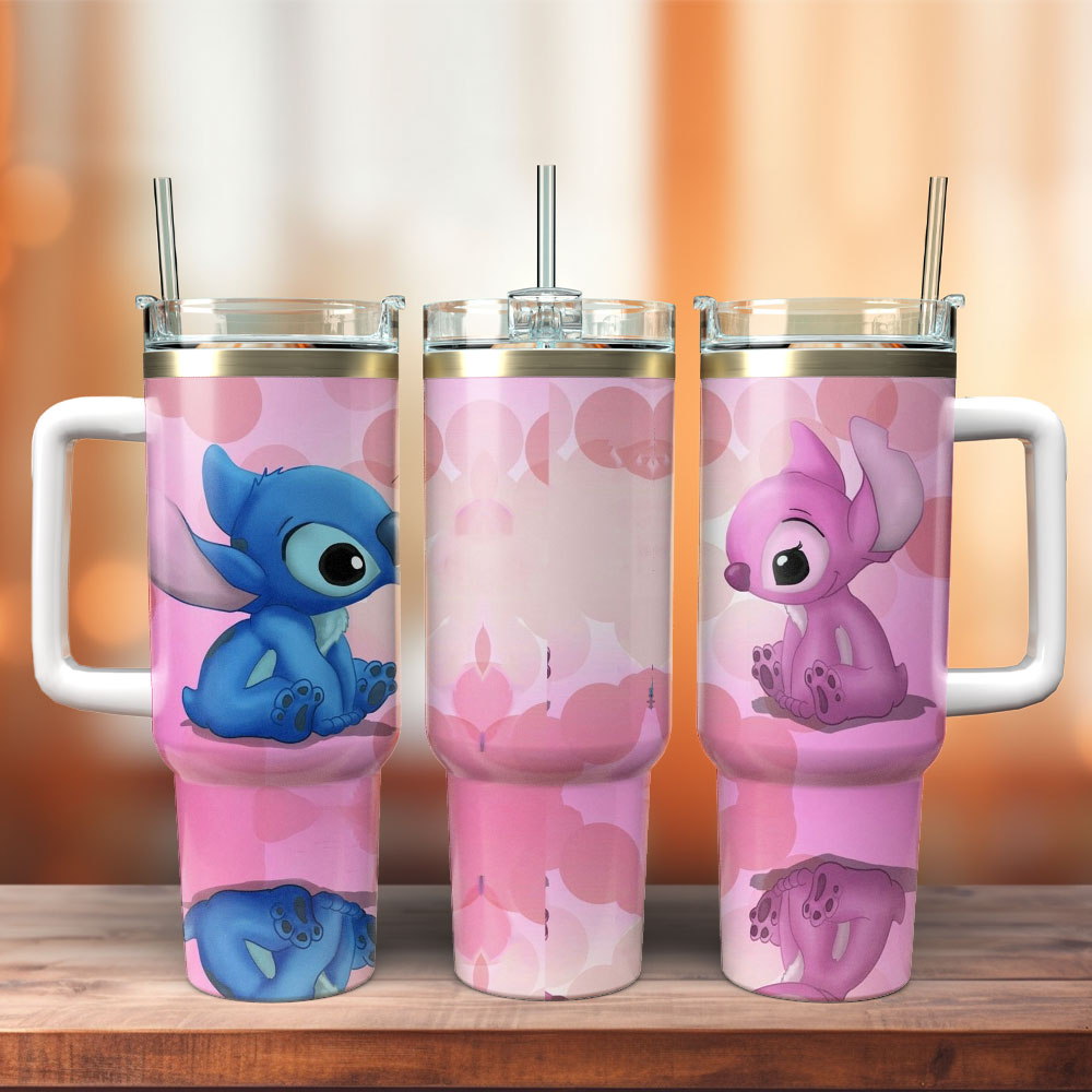 Cute Character Double-Walled Travel Mug with Handle & Straw - Pink & Blue Design