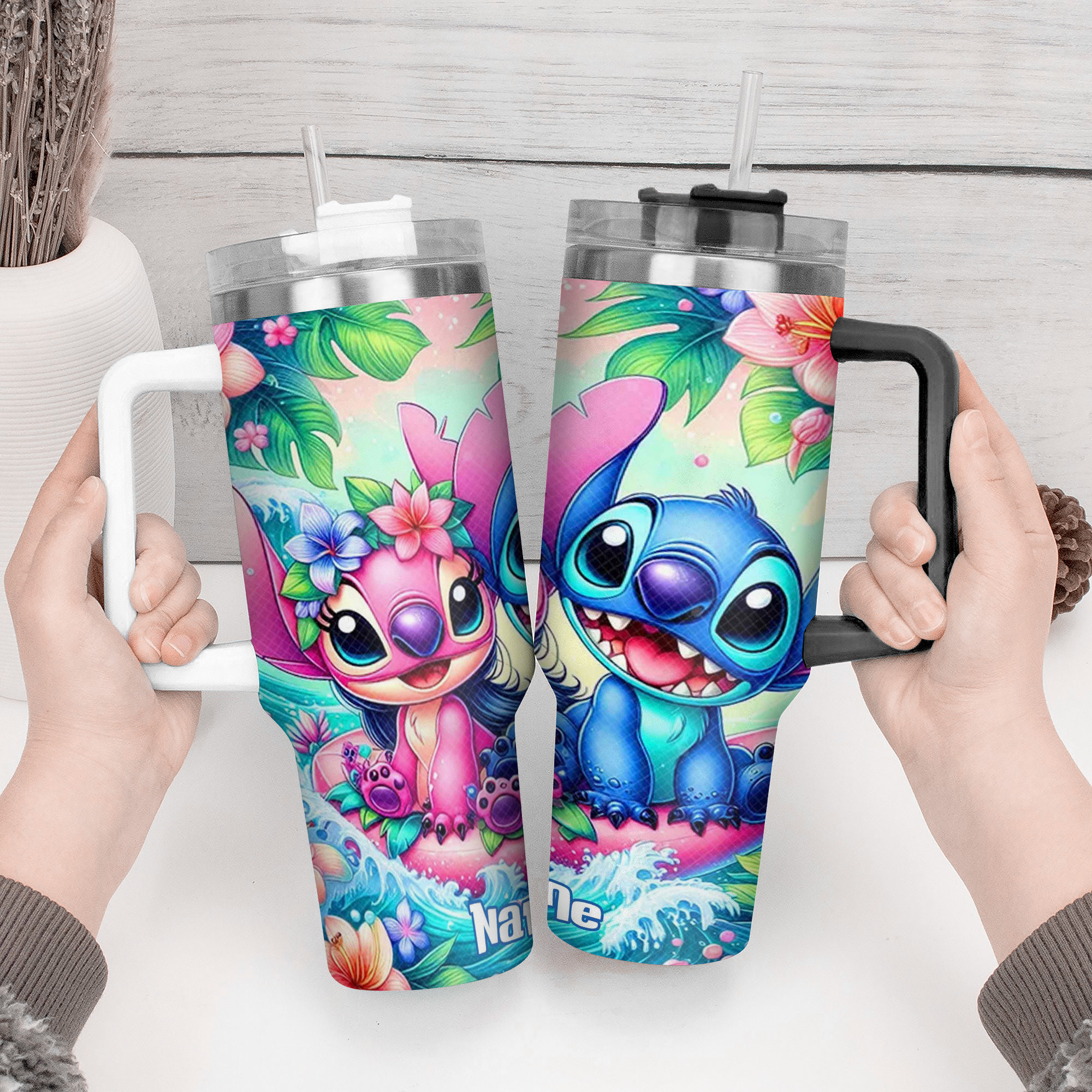 Colorful Tropical Character Tumbler with Straw - Personalized Name Option - Image 4
