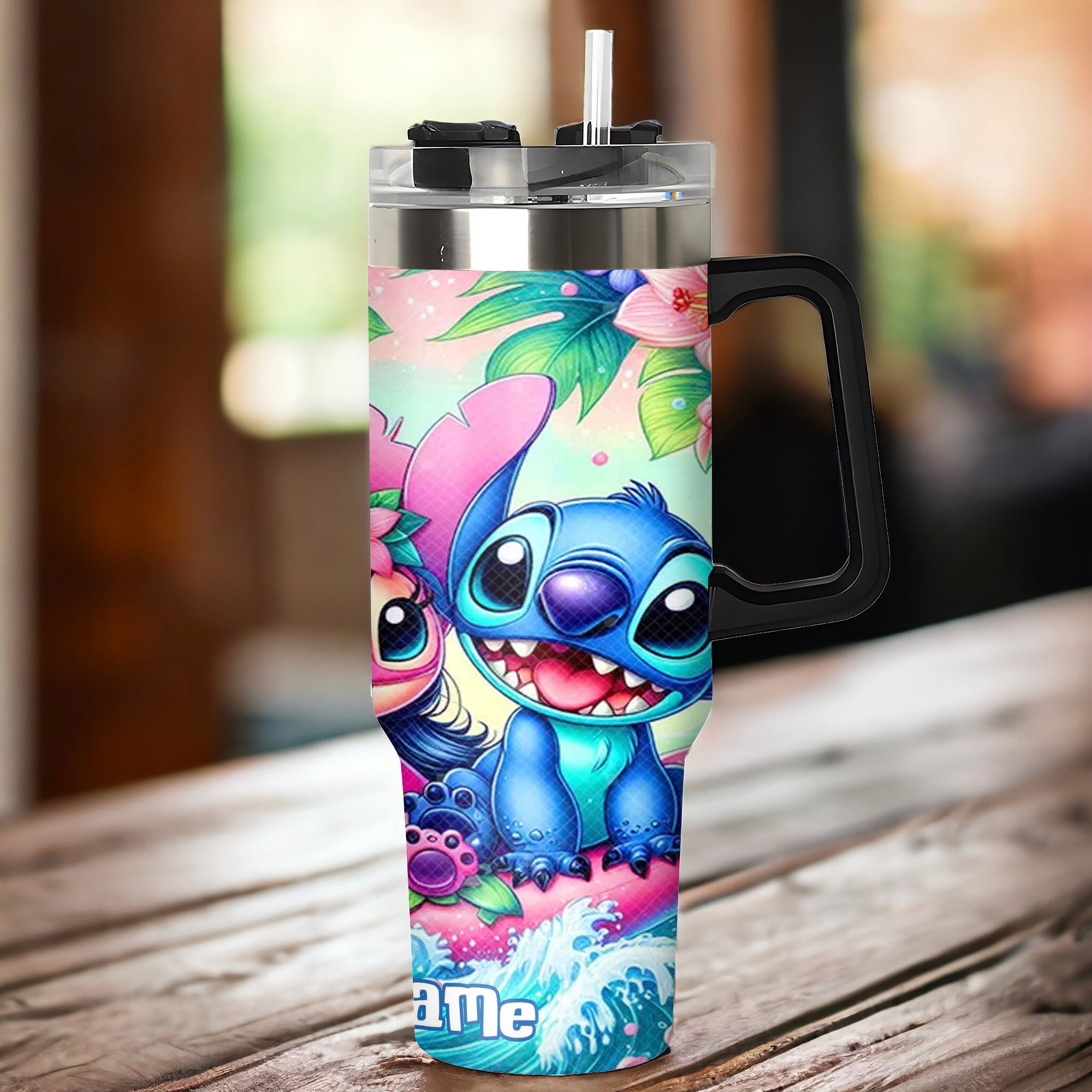 Colorful Tropical Character Tumbler with Straw - Personalized Name Option - Image 3