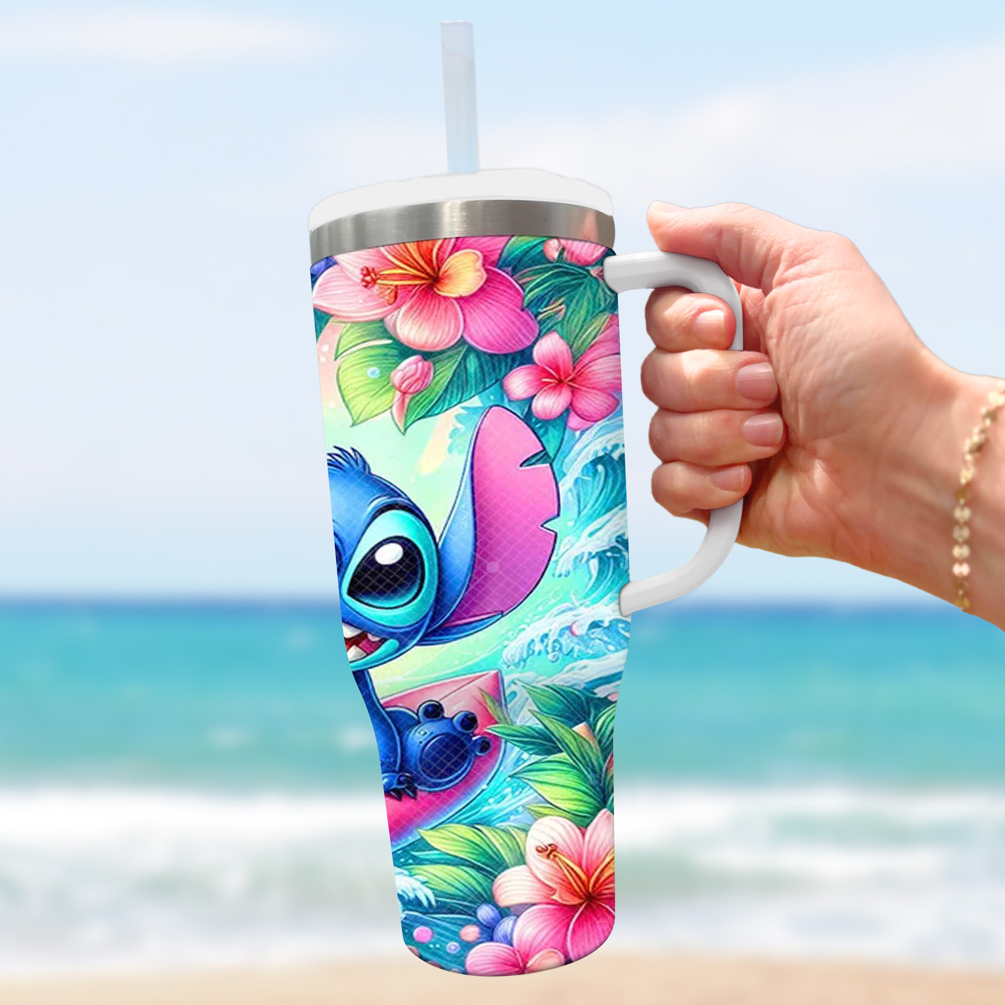 Colorful Tropical Character Tumbler with Straw - Personalized Name Option - Image 5