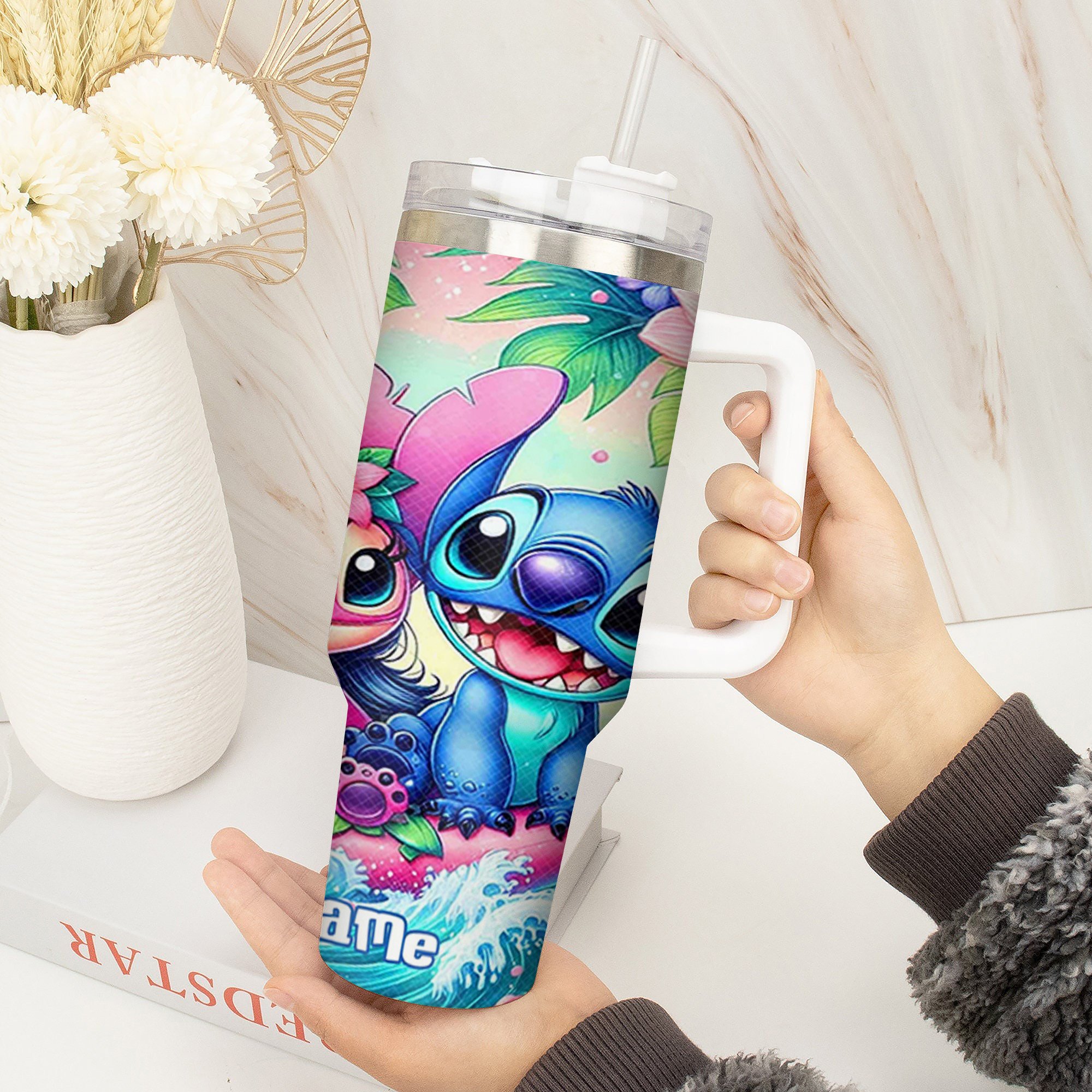 Colorful Tropical Character Tumbler with Straw - Personalized Name Option - Image 2