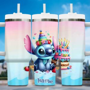 Personalized Cute Blue Alien Birthday Tumbler with Straw - Custom Name Gift