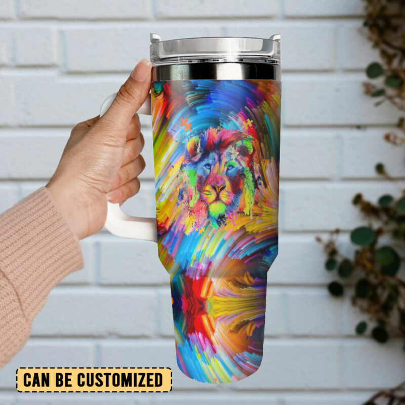 Lion Colorful Custom Stanley Quencher 40oz Stainless Steel Tumbler With Handle - Threewoofs - Image 3