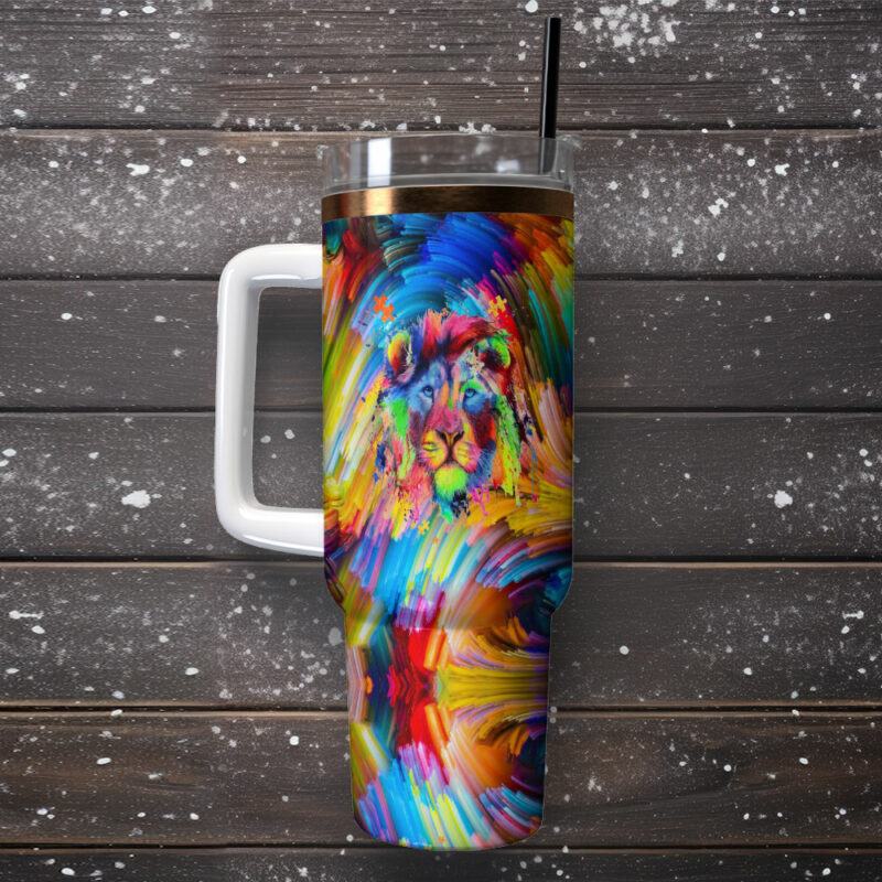 Lion Colorful Custom Stanley Quencher 40oz Stainless Steel Tumbler With Handle - Threewoofs - Image 2