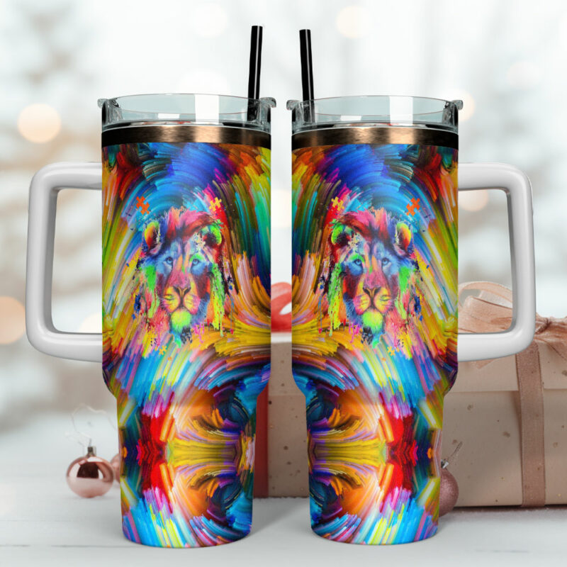 Lion Colorful Custom Stanley Quencher 40oz Stainless Steel Tumbler With Handle - Threewoofs - Image 4