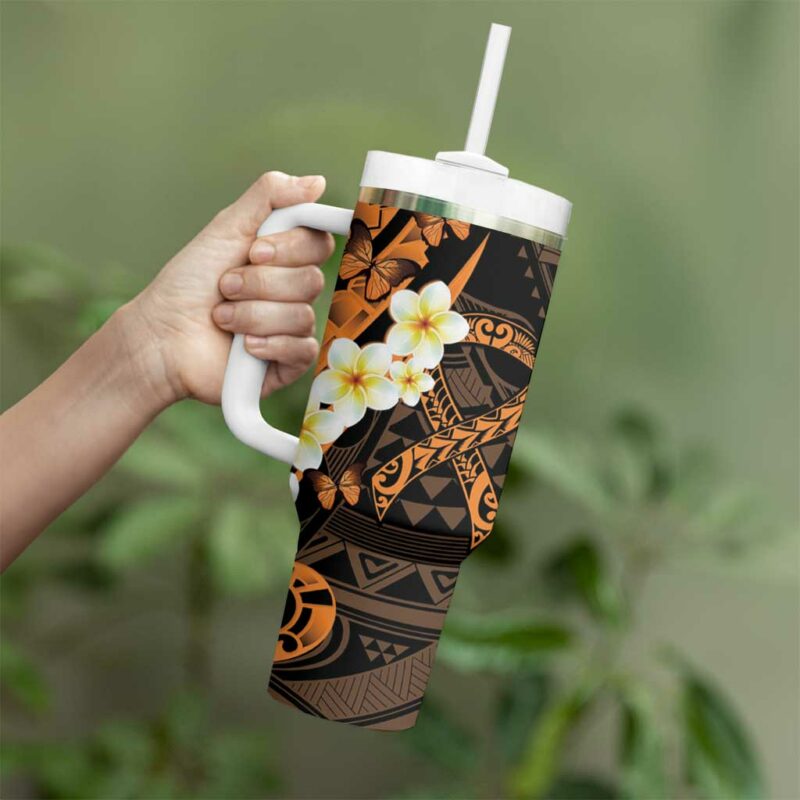 Liver Cancer Awareness Month Awareness Is Key Orange Polynesian Ribbon Custom Stanley Quencher 40oz Stainless Steel Tumbler With Handle - Threewoofs - Image 3