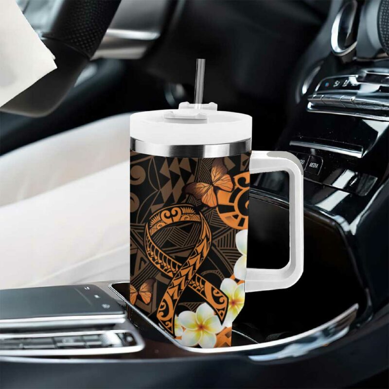 Liver Cancer Awareness Month Awareness Is Key Orange Polynesian Ribbon Custom Stanley Quencher 40oz Stainless Steel Tumbler With Handle - Threewoofs - Image 8