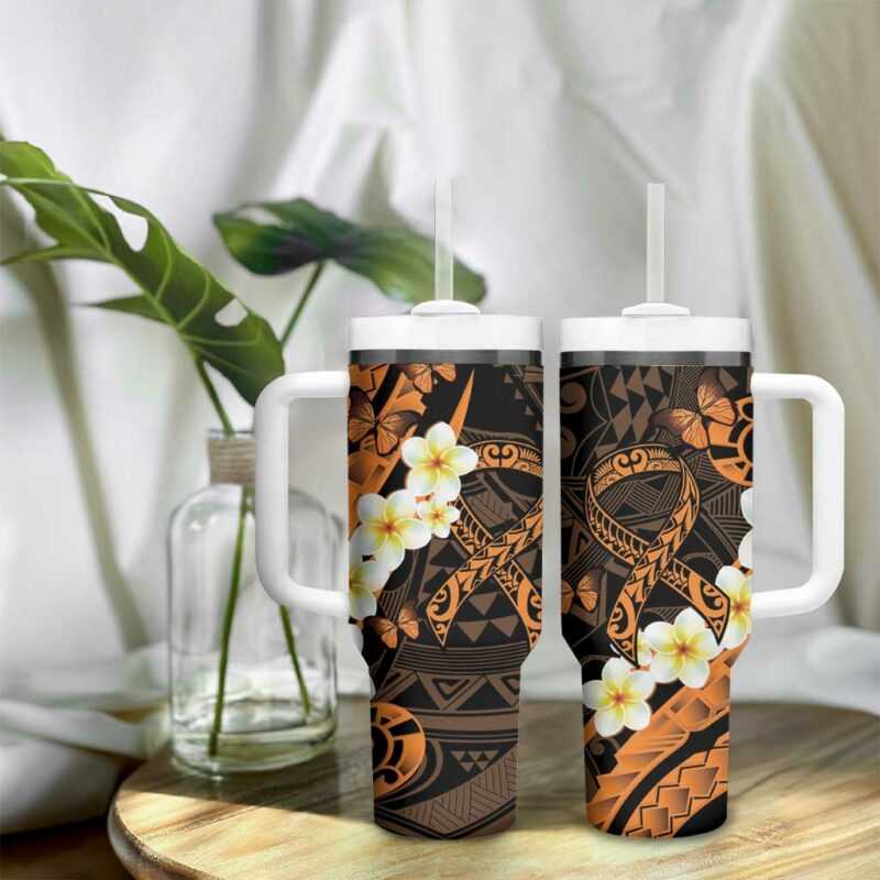 Liver Cancer Awareness Month Awareness Is Key Orange Polynesian Ribbon Custom Stanley Quencher 40oz Stainless Steel Tumbler With Handle - Threewoofs - Image 9