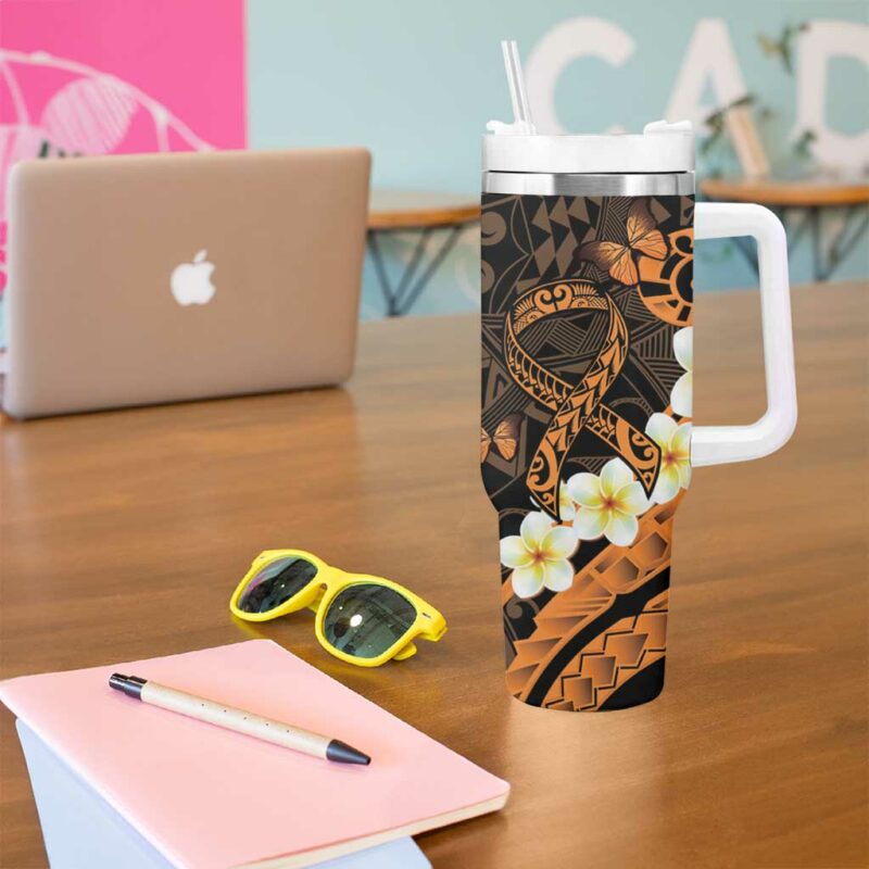 Liver Cancer Awareness Month Awareness Is Key Orange Polynesian Ribbon Custom Stanley Quencher 40oz Stainless Steel Tumbler With Handle - Threewoofs - Image 5