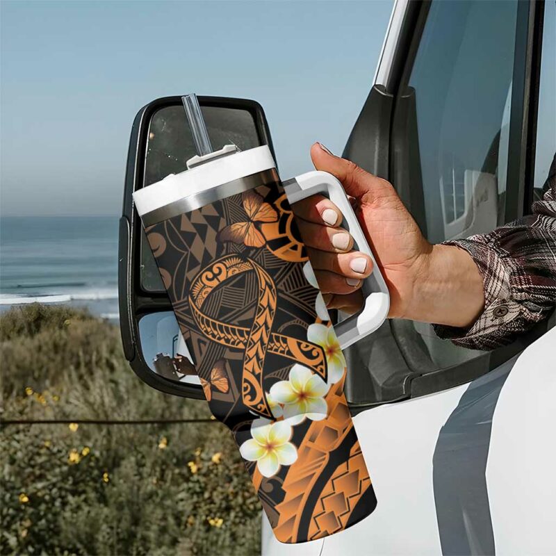 Liver Cancer Awareness Month Awareness Is Key Orange Polynesian Ribbon Custom Stanley Quencher 40oz Stainless Steel Tumbler With Handle - Threewoofs - Image 7