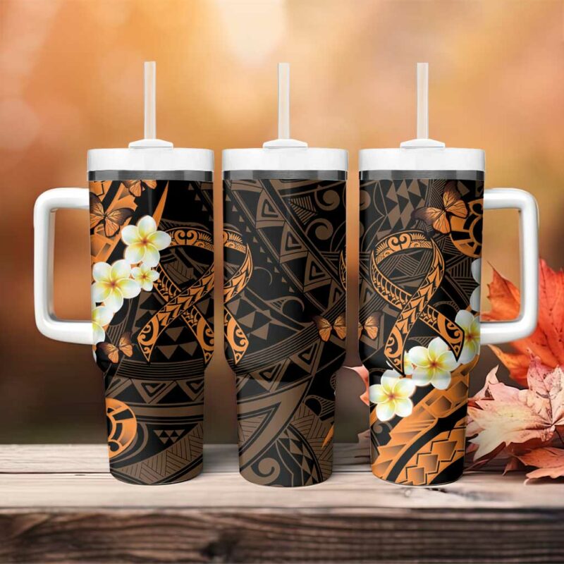 Liver Cancer Awareness Month Awareness Is Key Orange Polynesian Ribbon Custom Stanley Quencher 40oz Stainless Steel Tumbler With Handle - Threewoofs - Image 4