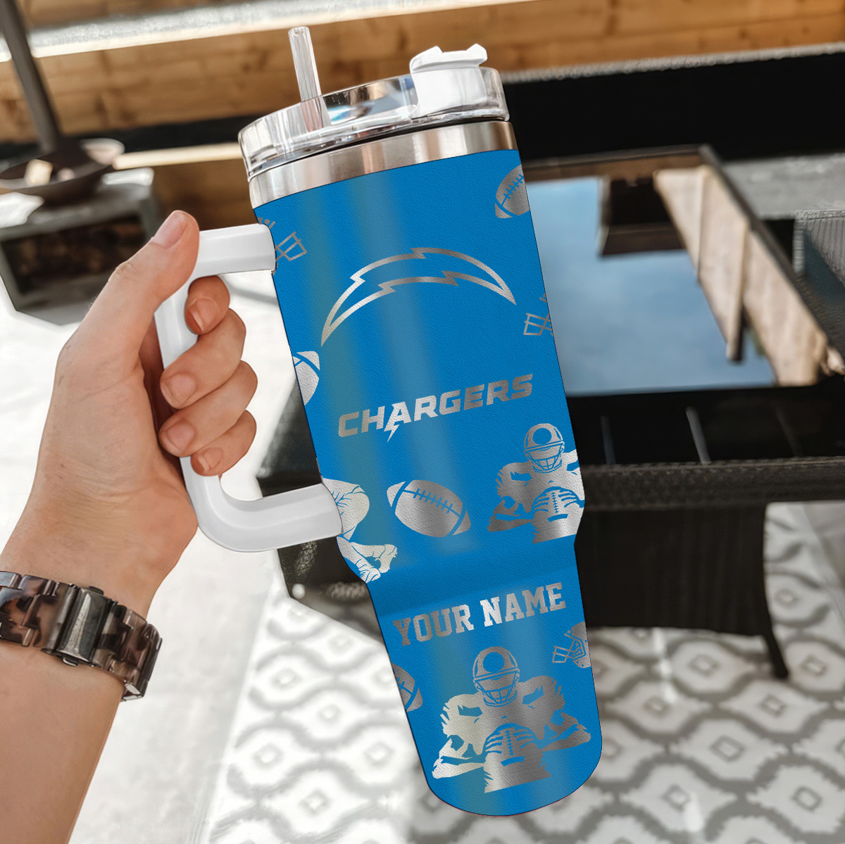 Customizable Chargers Tumbler with Handle - Personalized Football Mug - Image 2