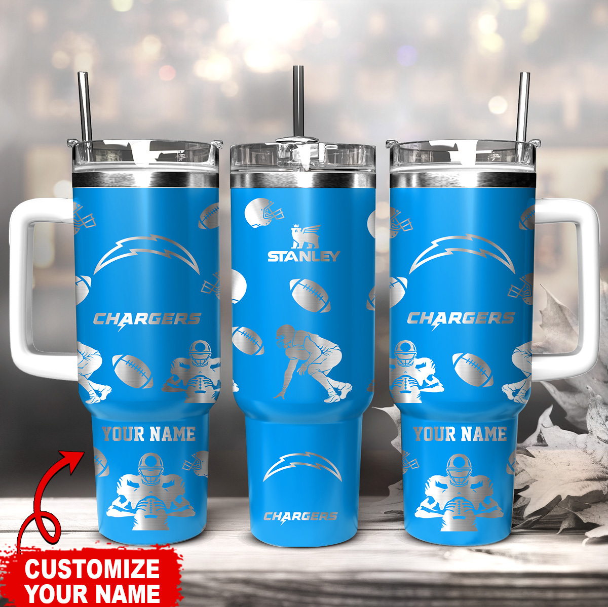Customizable Chargers Tumbler with Handle - Personalized Football Mug