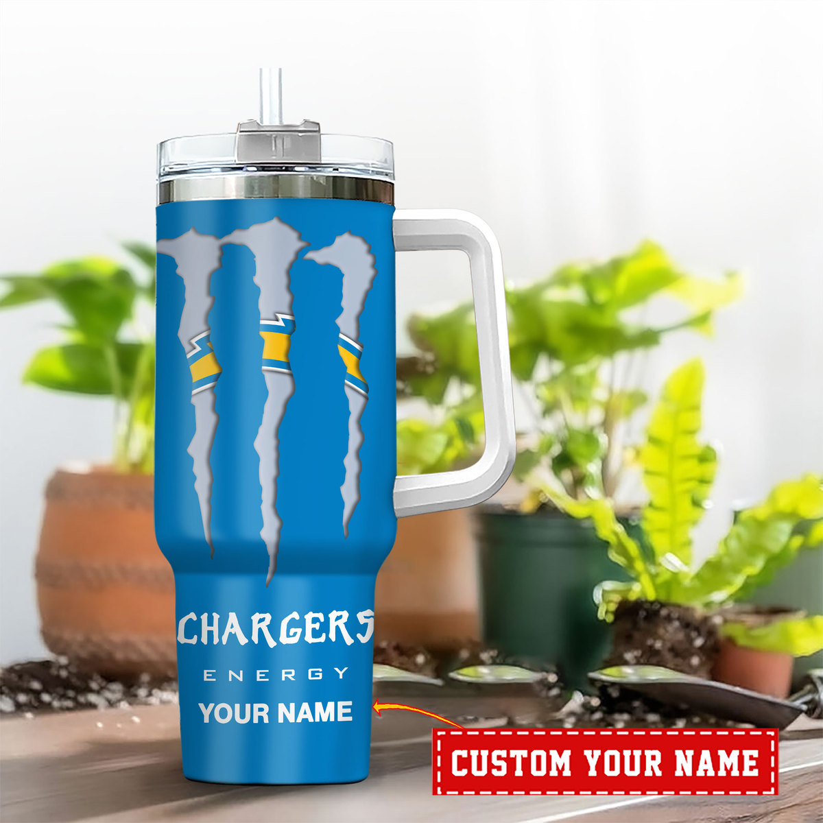 Customizable Chargers Fan Tumbler with Handle - Personalized NFL Gift - Image 2